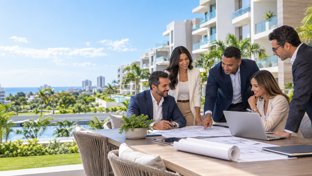 Profesionales de la administración de condominios trabajando en equipo en República Dominicana